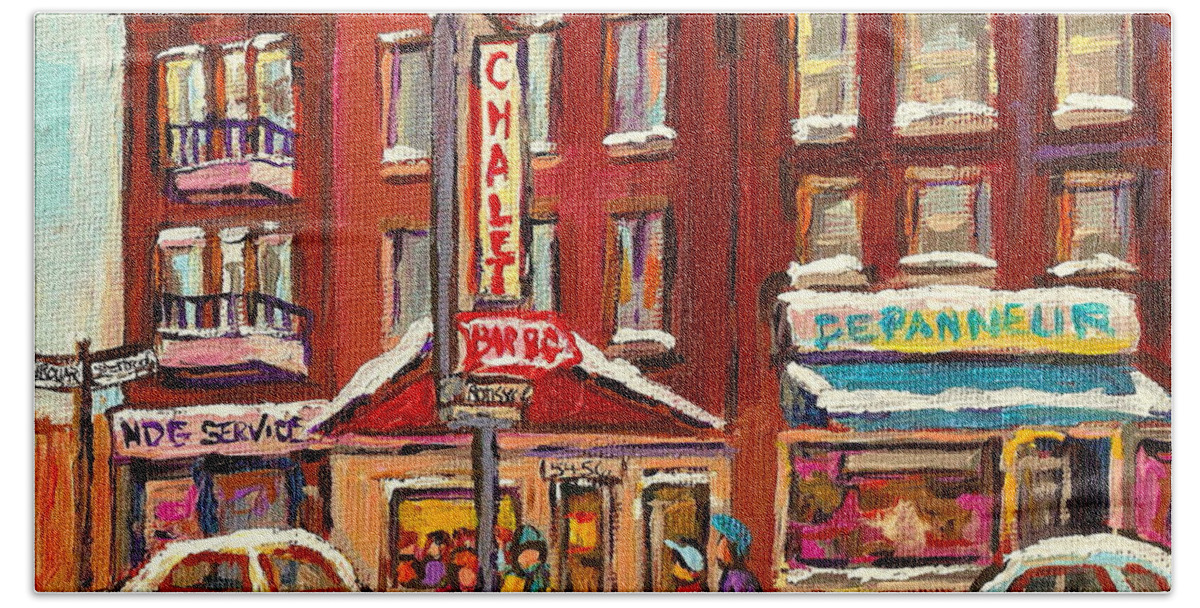Montreal Bath Towel featuring the painting Rotisserie Le Chalet Bar B Q Sherbrooke West Montreal Winter City Scene by Carole Spandau