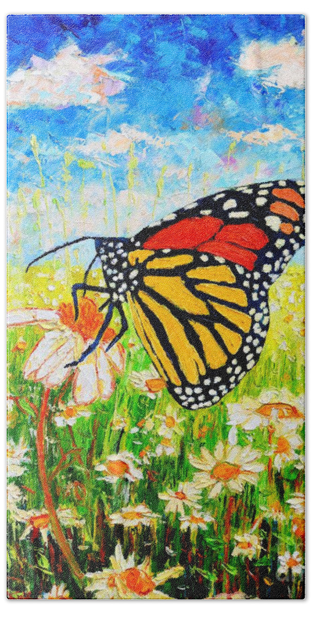 Butterfly Bath Towel featuring the painting Royal Monarch Butterfly In Daisies by Ana Maria Edulescu