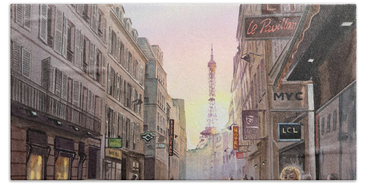 Paris Hand Towel featuring the painting Rue Saint Dominique Sunset Through Eiffel Tower  by Irina Sztukowski