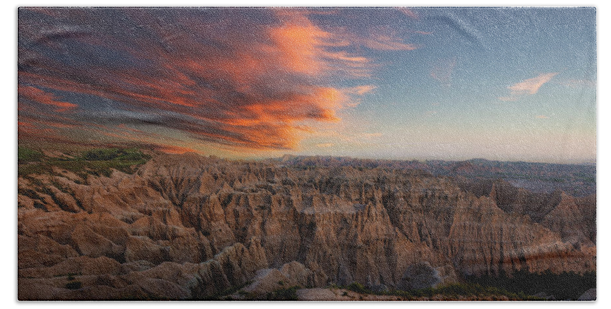 #badlands National Park #homegroen Photography #south Dakota #badlands #dusk #epic #formations #light #pinnacles #red #rock #rock Formations #sky #summer #sunset #top #favorite Place #rugged Bath Towel featuring the photograph Rugged Beauty 2 by Aaron J Groen
