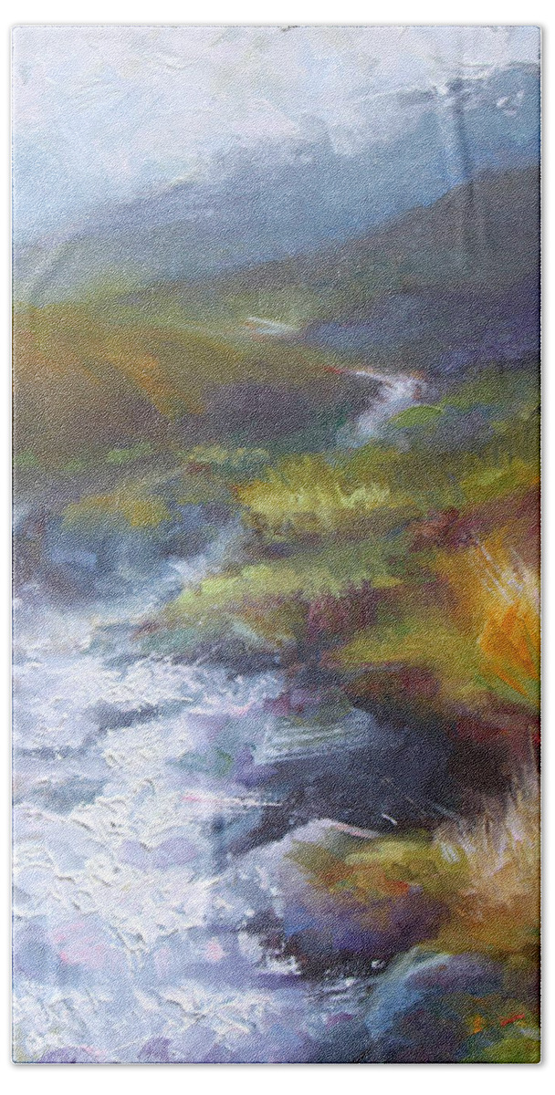 Landscape Bath Towel featuring the painting Running Down - landscape view from Hatcher Pass by Talya Johnson