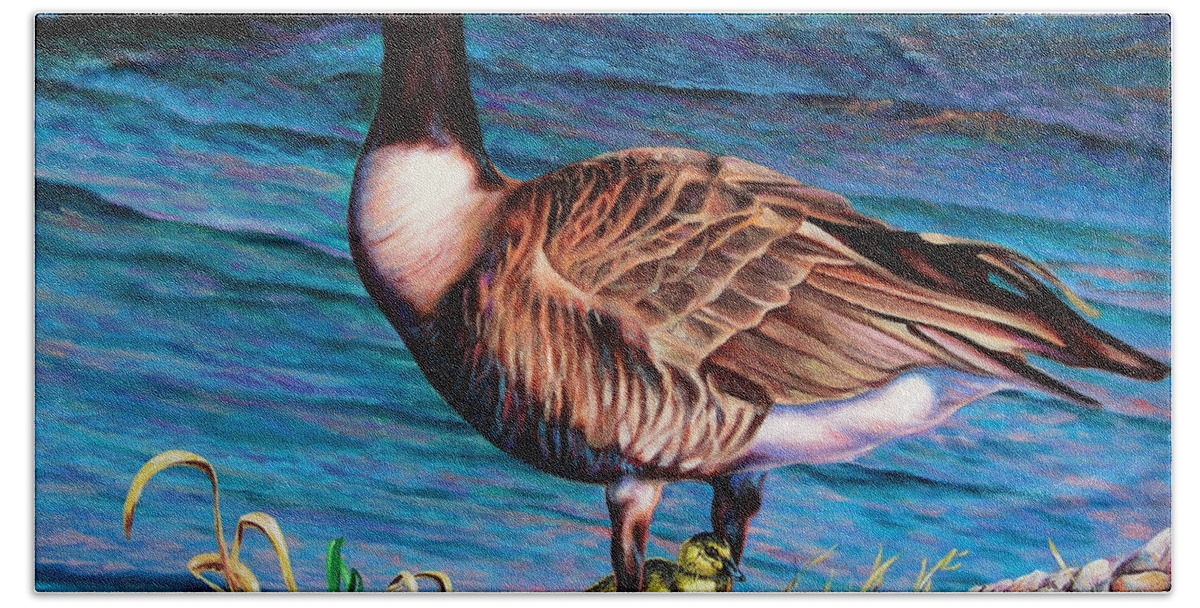 Goose Hand Towel featuring the painting Running for Cover by Craig Burgwardt