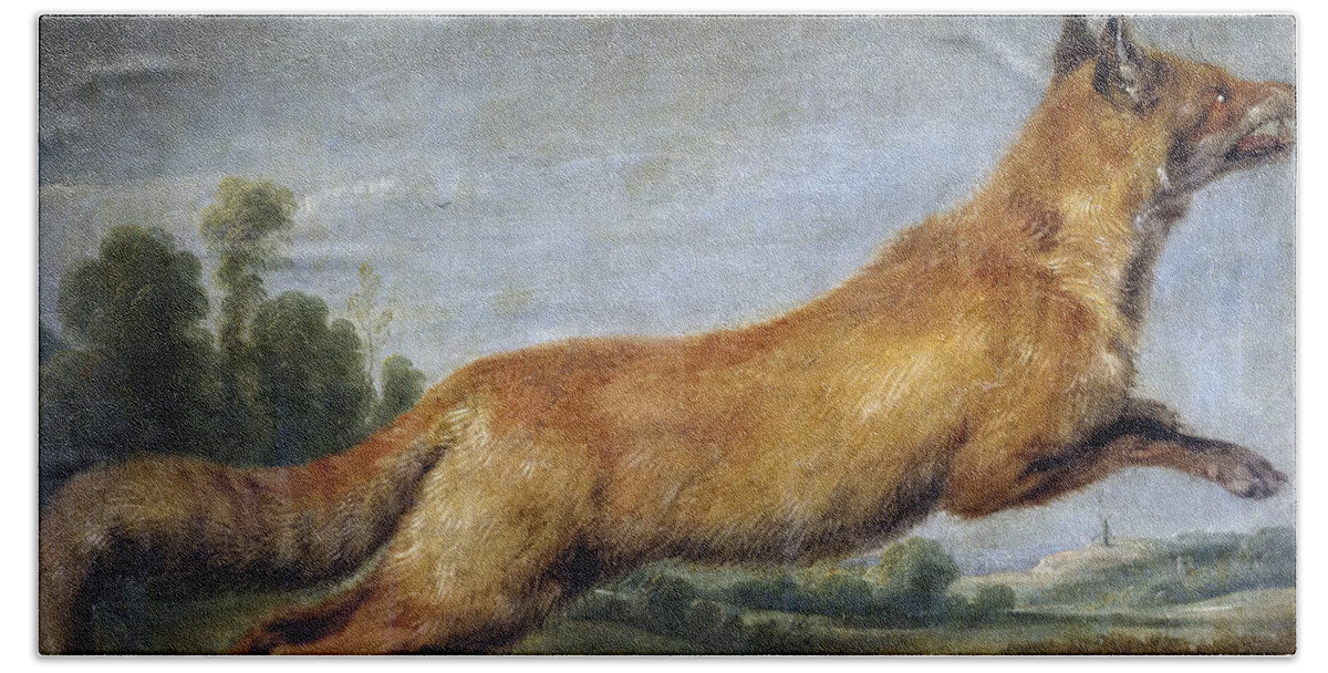 Paul De Vos Hand Towel featuring the painting Running Fox by Paul de Vos