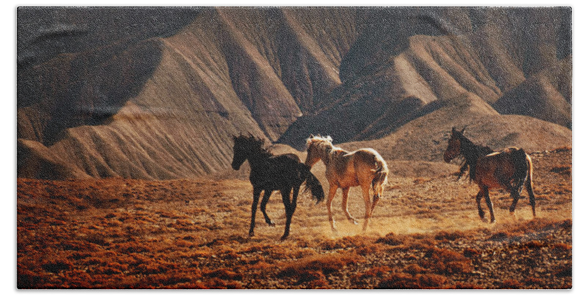 Wild Horses Hand Towel featuring the photograph Running Free by Priscilla Burgers