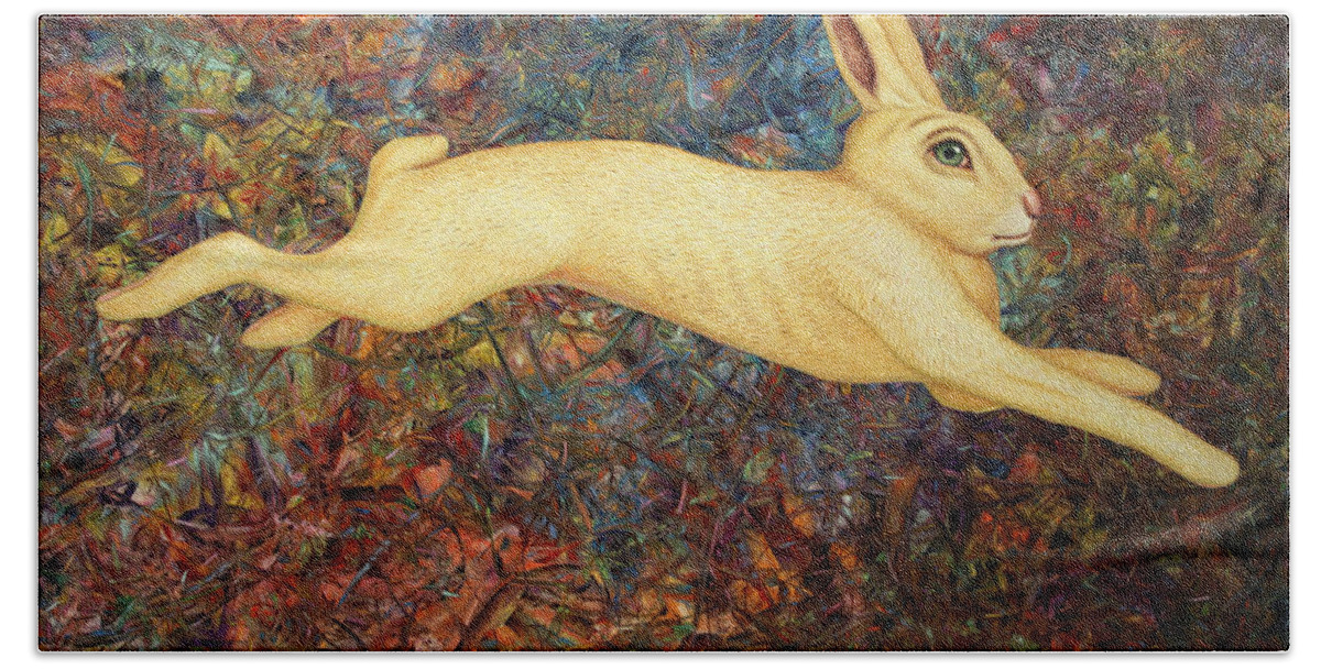 Rabbit Hand Towel featuring the painting Running Rabbit by James W Johnson