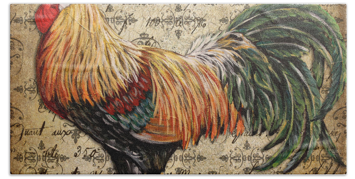 Acrylic Painting Bath Towel featuring the painting Rustic Rooster-JP2121 by Jean Plout