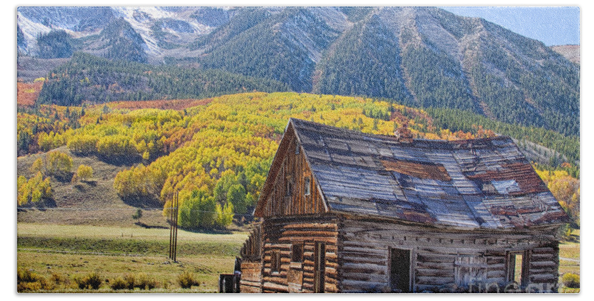 Aspens Bath Towel featuring the photograph Rustic Rural Colorado Cabin Autumn Landscape by James BO Insogna