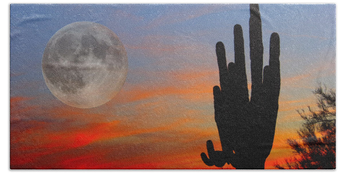 Sunrise Bath Sheet featuring the photograph Saguaro Full Moon Sunset by James BO Insogna