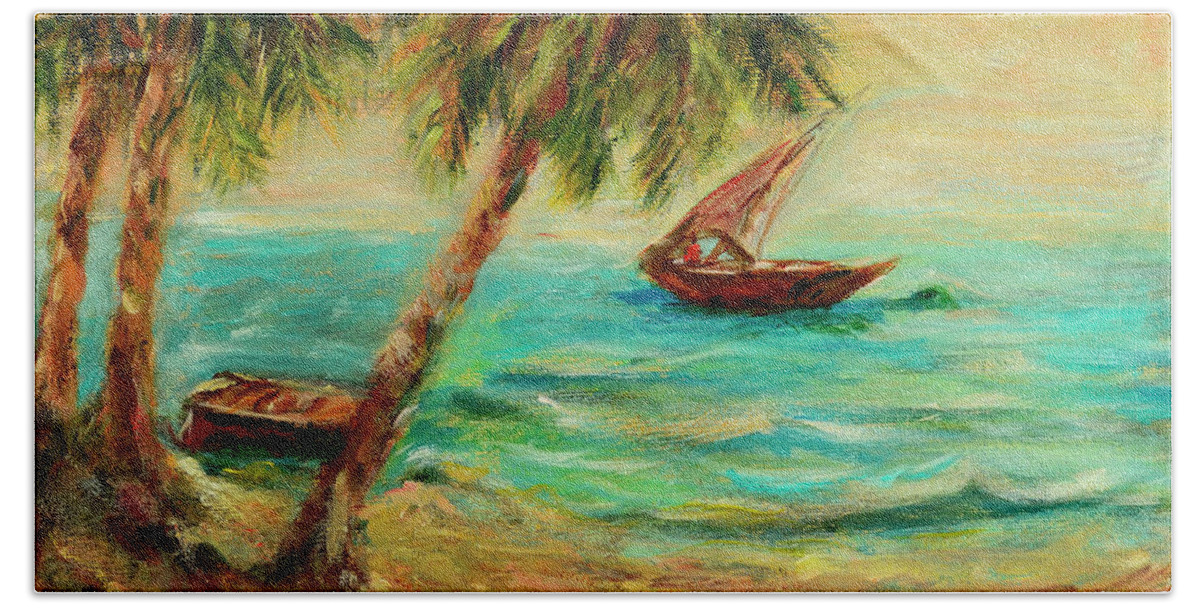 Indian Ocean Hand Towel featuring the painting Sail boats on Indian Ocean by Sher Nasser