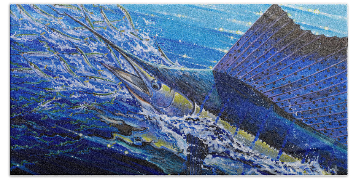 Sailfish Hand Towel featuring the painting Sail on the Reef Off0082 by Carey Chen