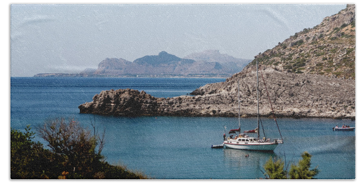 Island Of Rhodes Bath Towel featuring the photograph Sailboat at Anthony Quinn Bay by Lorraine Devon Wilke