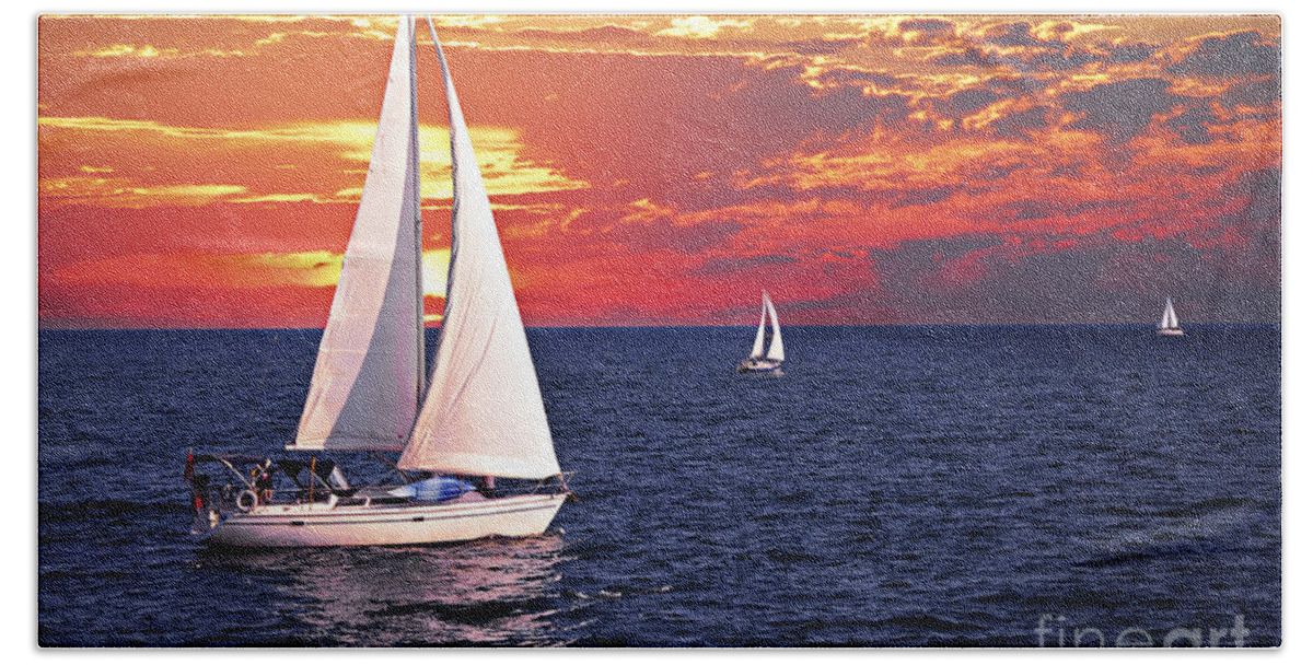 Boat Bath Towel featuring the photograph Sailboats at sunset by Elena Elisseeva