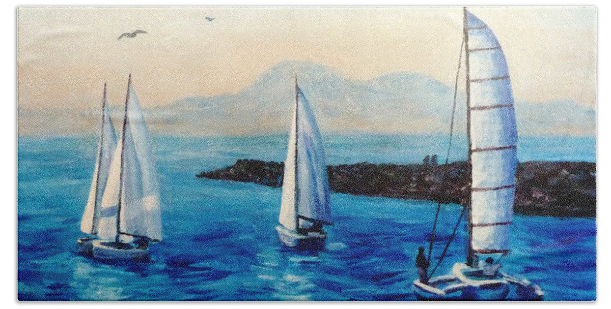 Sailboats Bath Towel featuring the painting Sailboats by Cheryl Del Toro