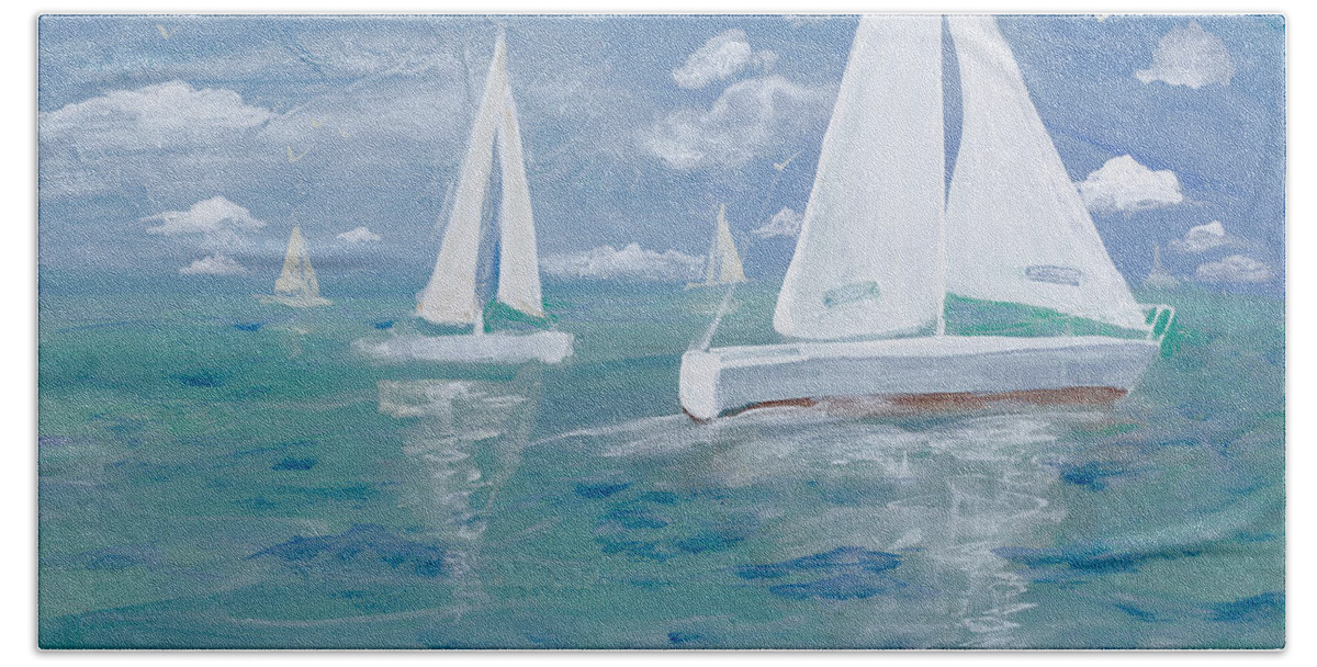 Sail Hand Towel featuring the painting Sailing boats by Robin Pedrero