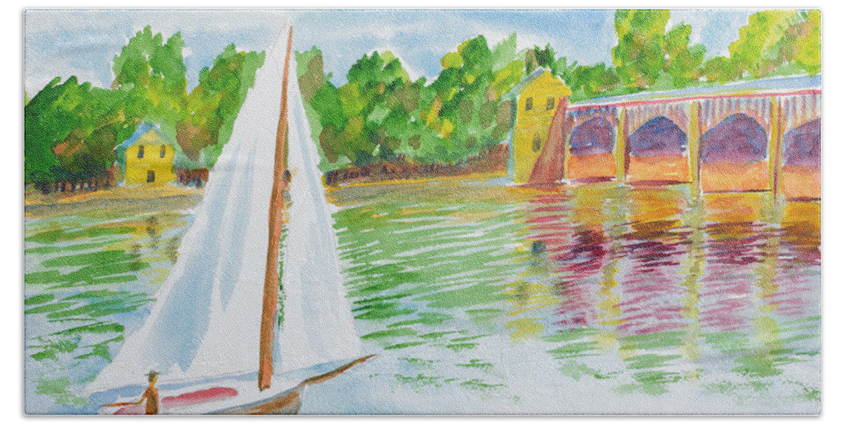 Nature Hand Towel featuring the painting Sailing by the Bridge by Walt Brodis