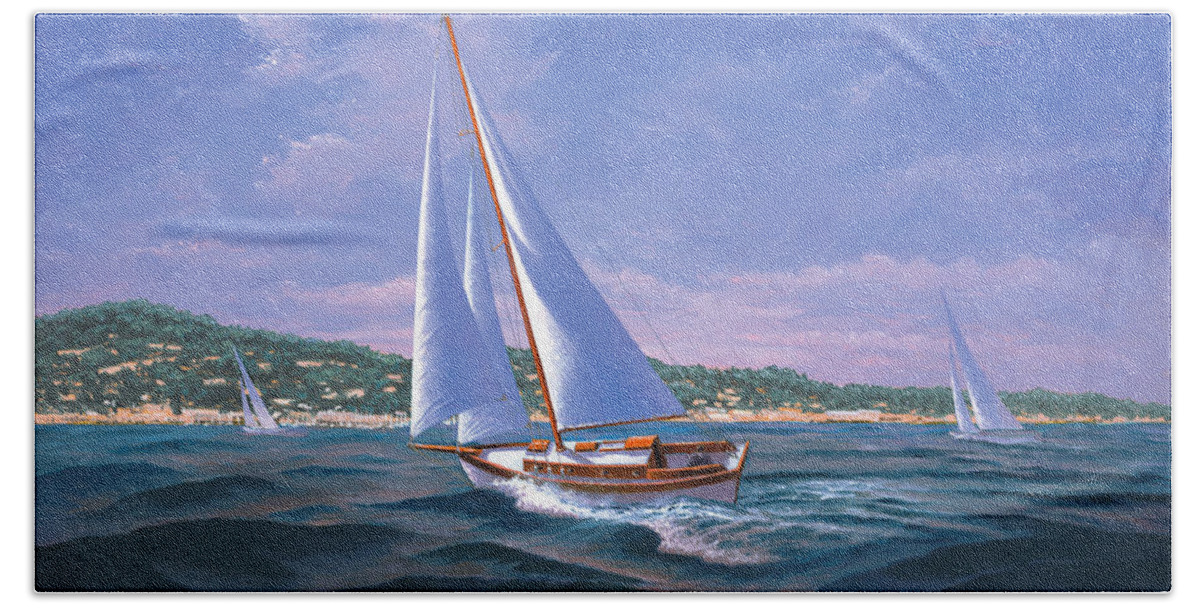 Ocean Hand Towel featuring the painting Sailing on Monterey Bay by Del Malonee