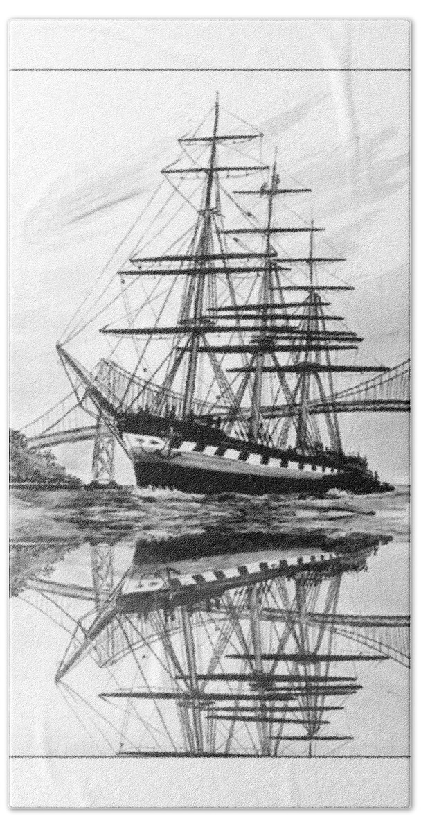 1st Drawn In 1962 Bath Towel featuring the drawing Balclutha Reflections by Jack Pumphrey
