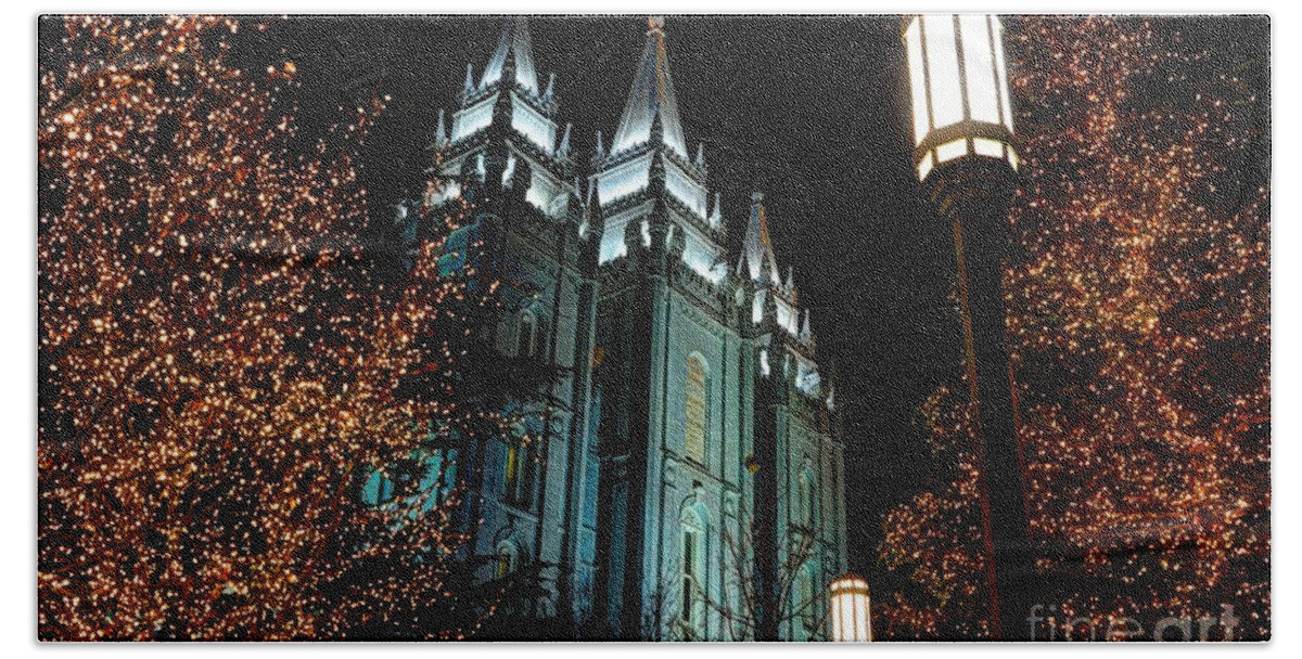 Lds Temple Hand Towel featuring the photograph Salt Lake City Mormon Temple Christmas Lights by Gary Whitton