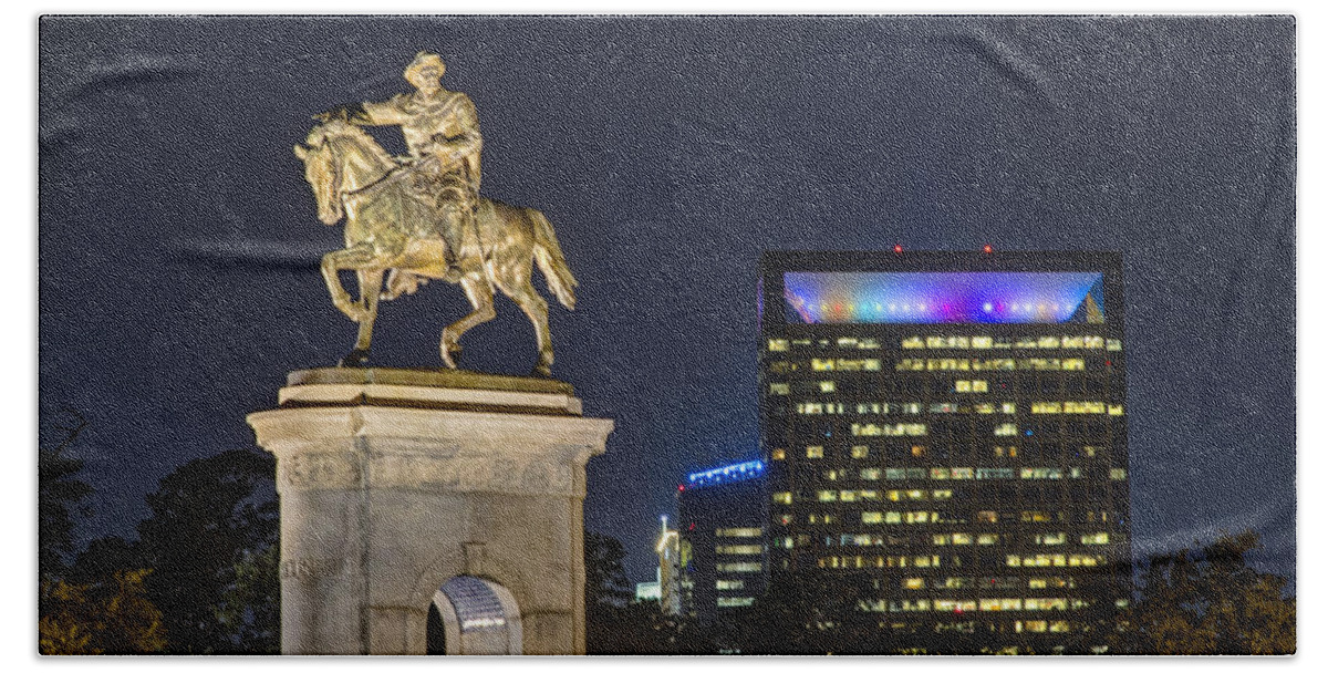 Herman Park Bath Towel featuring the photograph Sam Houston at Night by Tim Stanley