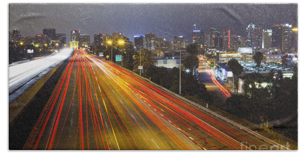 Long Exposure Hand Towel featuring the photograph San Diego Skyline by Bryan Mullennix