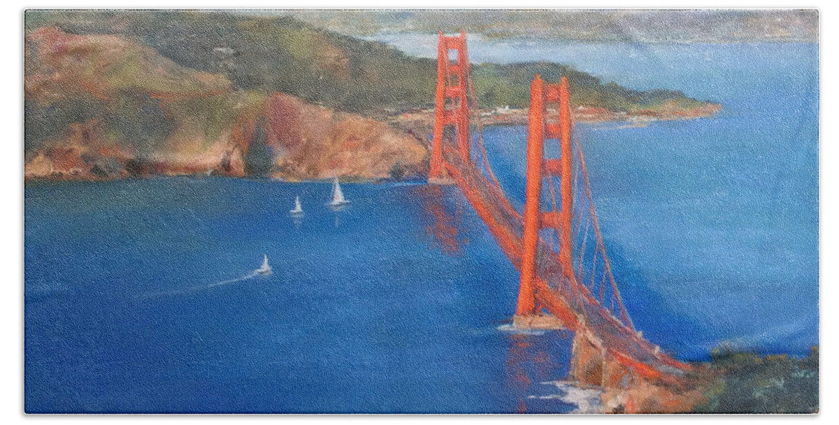 San Francisco Bay Bridge Bath Towel featuring the painting San Francisco Bay Bridge by Hilda Vandergriff