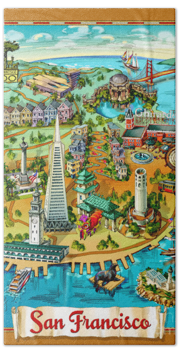 San Francisco Bath Towel featuring the painting San Francisco Illustrated Map by Maria Rabinky