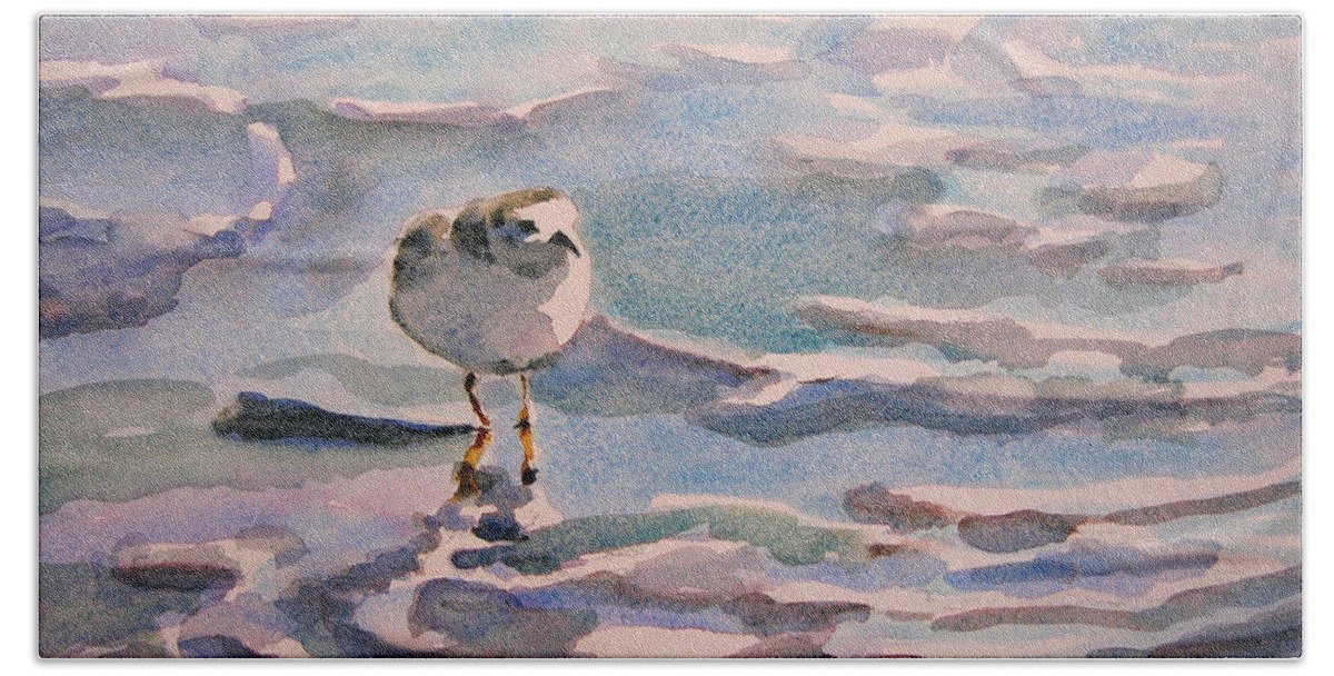 Art Hand Towel featuring the painting Sandpiper and seafoam 3-8-15 by Julianne Felton