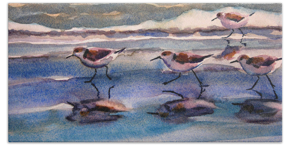 Fine Art Hand Towel featuring the painting Sandpipers running in beach shade 3-10-15 by Julianne Felton