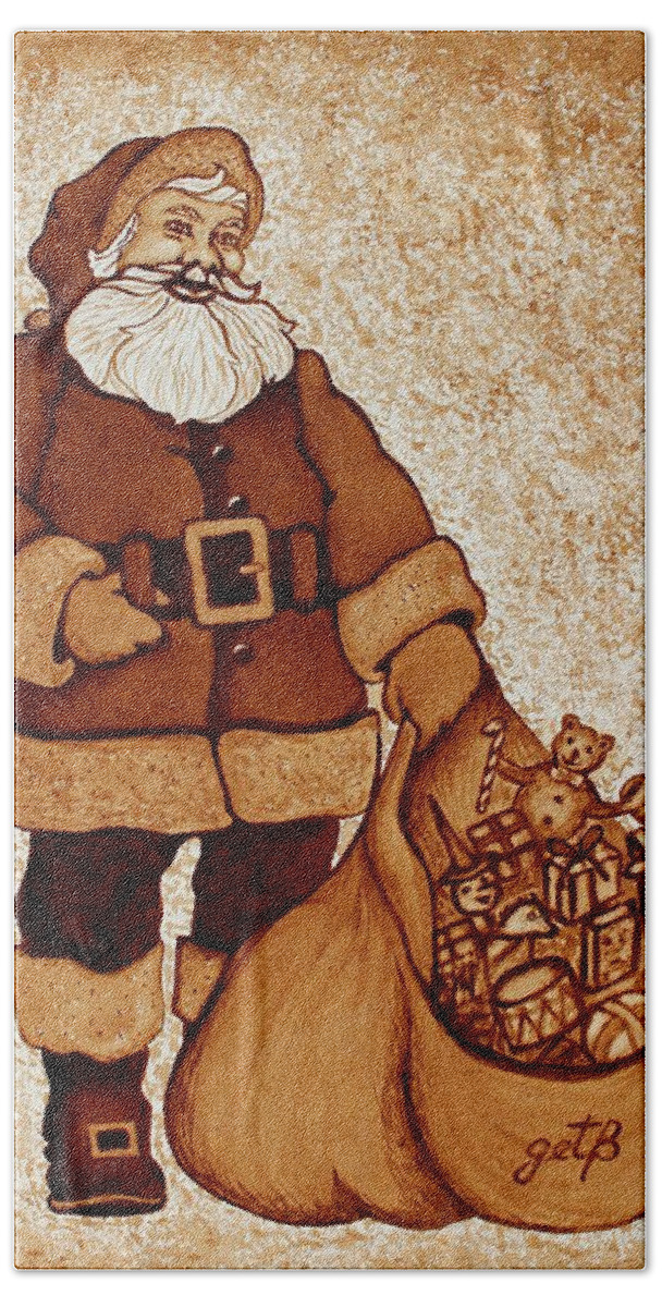Santa Coffee Art Hand Towel featuring the painting Santa Claus Bag by Georgeta Blanaru