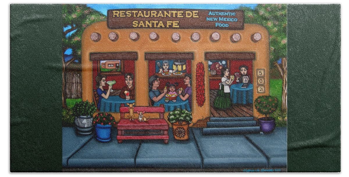 Folk Art Bath Towel featuring the painting Santa Fe Restaurant by Victoria De Almeida
