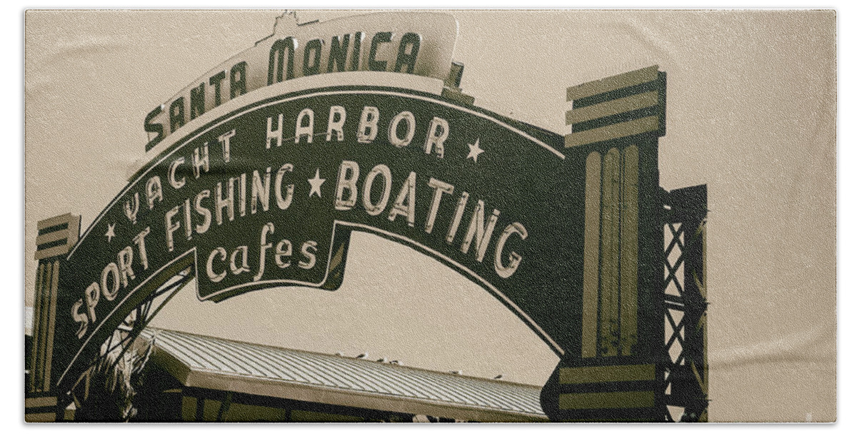 Santa Monica Hand Towel featuring the photograph Santa Monica Pier Sign by David Millenheft