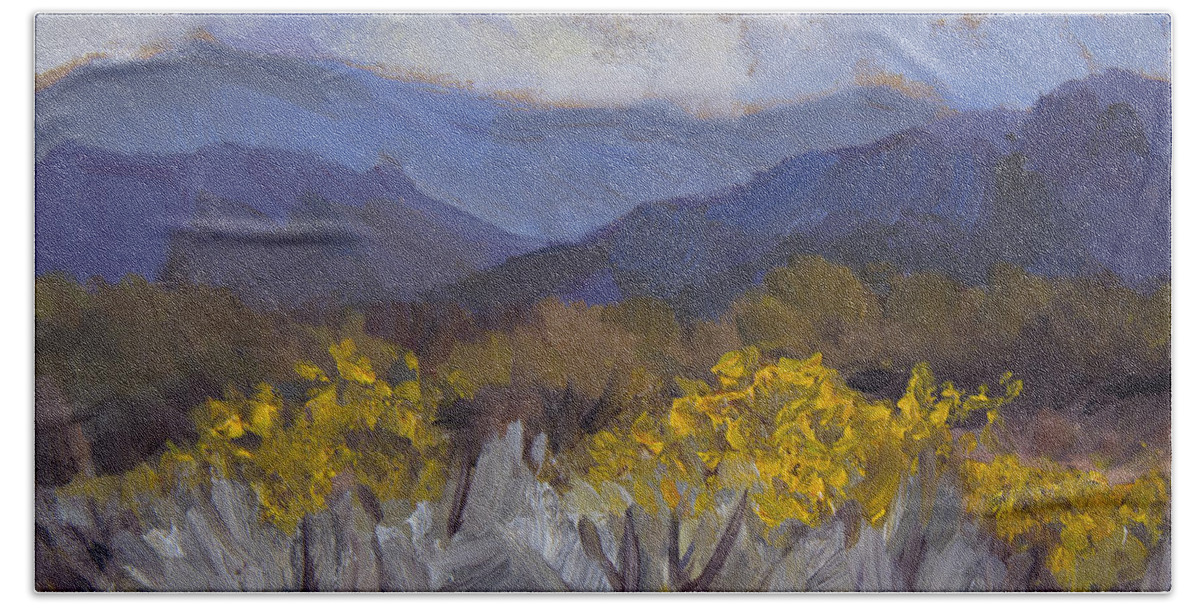 Desert Hand Towel featuring the painting Santa Rosa Mountains and Desert Marigolds by Diane McClary