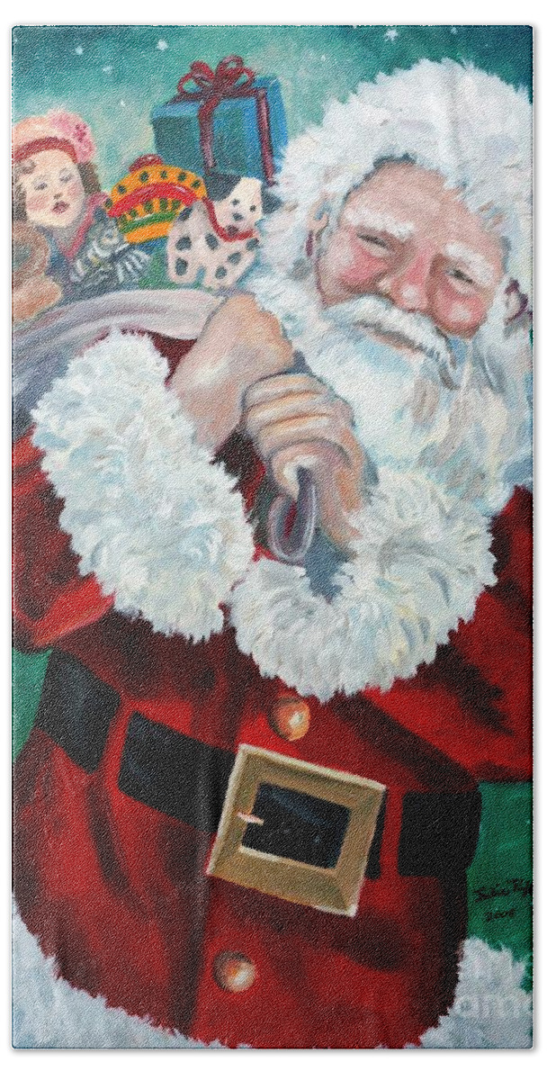 Santa Hand Towel featuring the painting Santa's Coming to Town by Julie Brugh Riffey