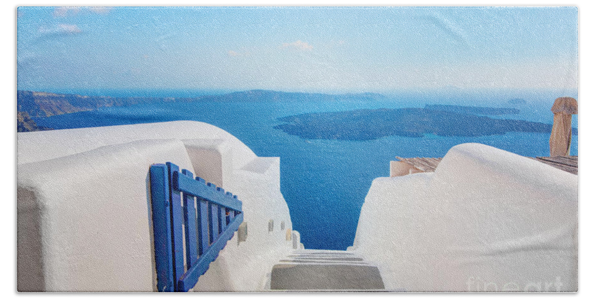 Greece Hand Towel featuring the photograph Santorini Greece stairs to Aegean Sea by Michal Bednarek