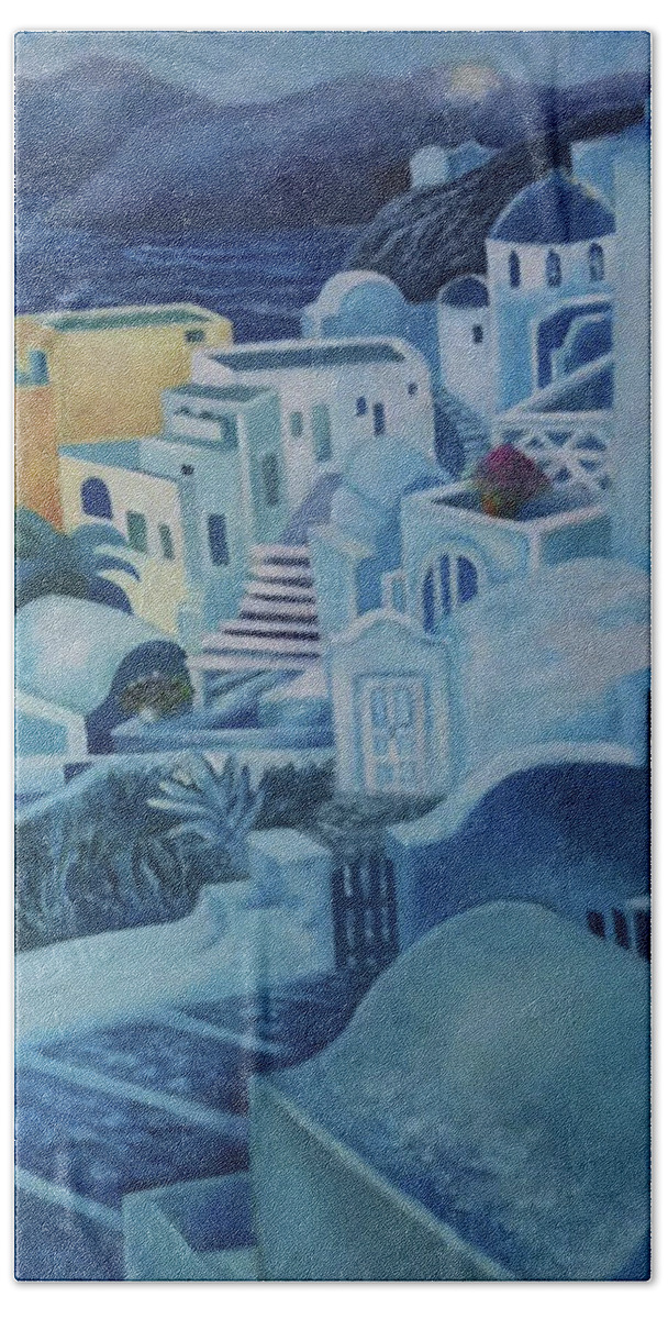 Greece Bath Towel featuring the painting Santorini Sunset by Kandy Cross