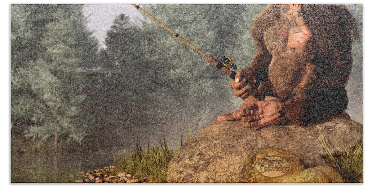 Bigfoot Bath Towel featuring the digital art Sasquatch Goes Fishing by Daniel Eskridge