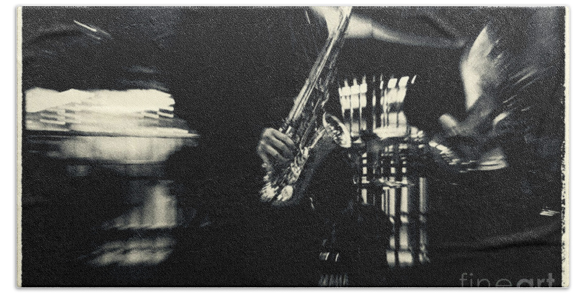 Filmnoir Bath Towel featuring the photograph Saxophone at Columbus Circle New York City by Sabine Jacobs