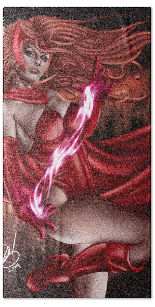 Marvel Bath Towel featuring the painting Scarlet Witch by Pete Tapang