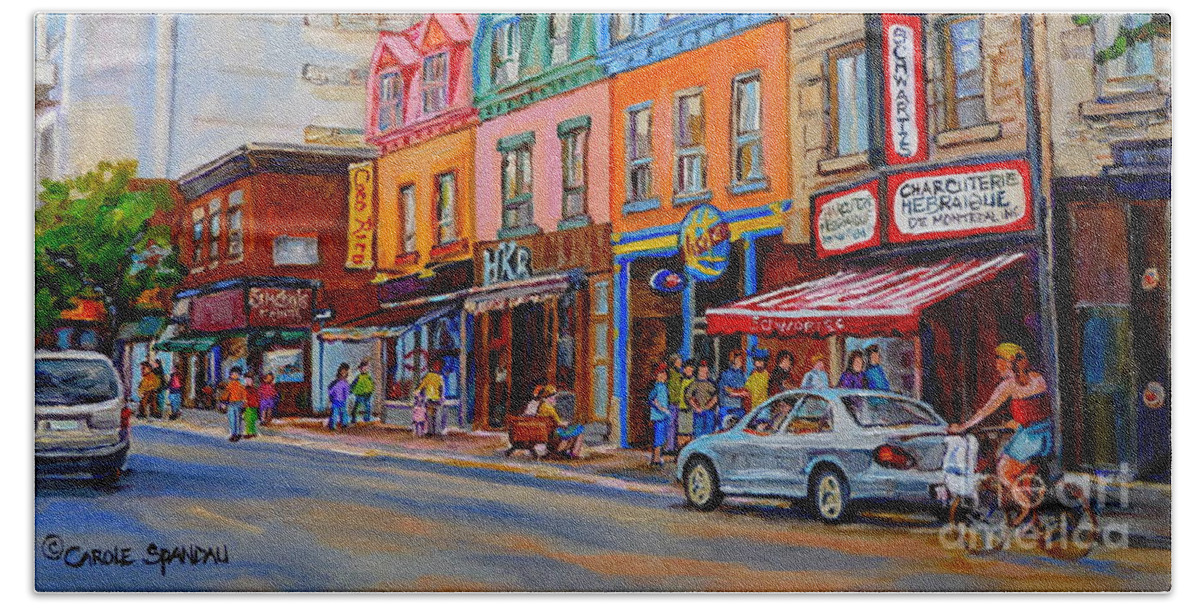 Montreal Hand Towel featuring the painting Schwartzs Deli Montreal Street Scene by Carole Spandau