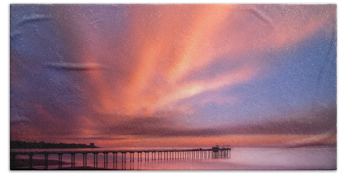 California; Long Exposure; Ocean; Reflection; San Diego; Seascape; Sky; Sunset; Surf; Clouds; Southern California; Water; Pier; Scripps; Reef; Waves; Reflections Bath Towel featuring the photograph Scripps Pier Sunset - Square by Larry Marshall
