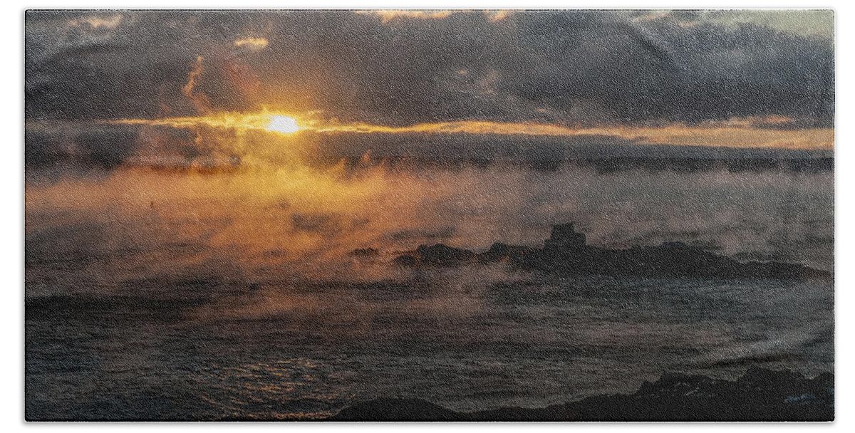 Sea Smoke Hand Towel featuring the photograph Sea Smoke Sunrise by Marty Saccone