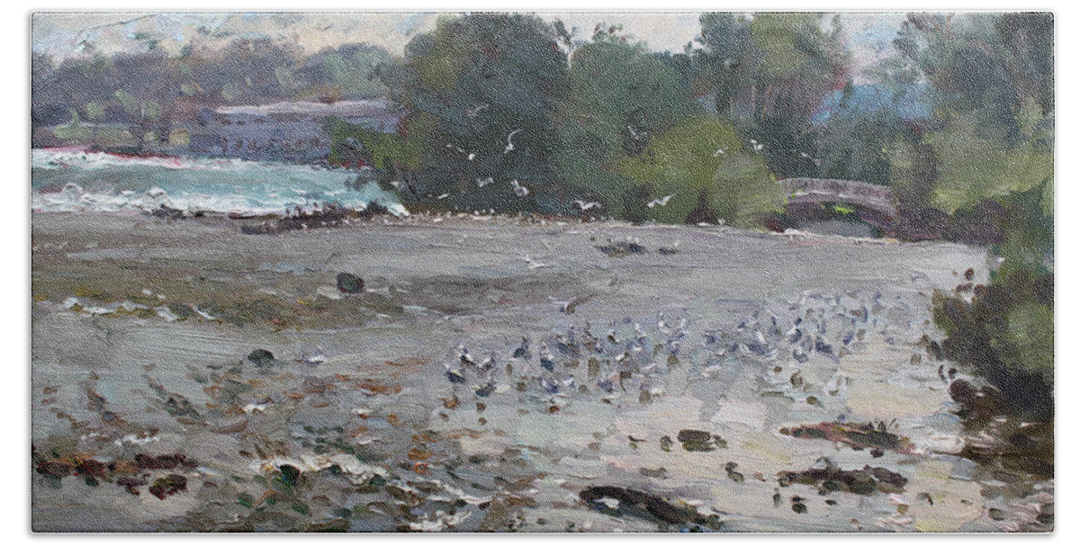 Seagulls Hand Towel featuring the painting Seagulls on Niagara River by Ylli Haruni