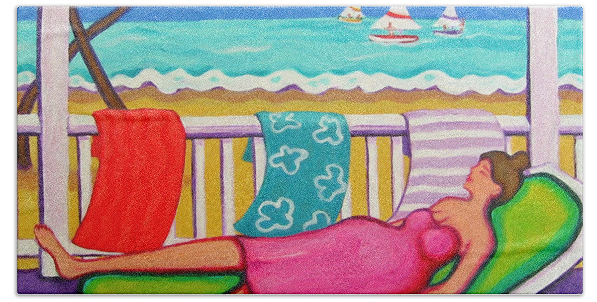 Whimsical Beach Hand Towel featuring the painting Seaside Siesta by Rebecca Korpita