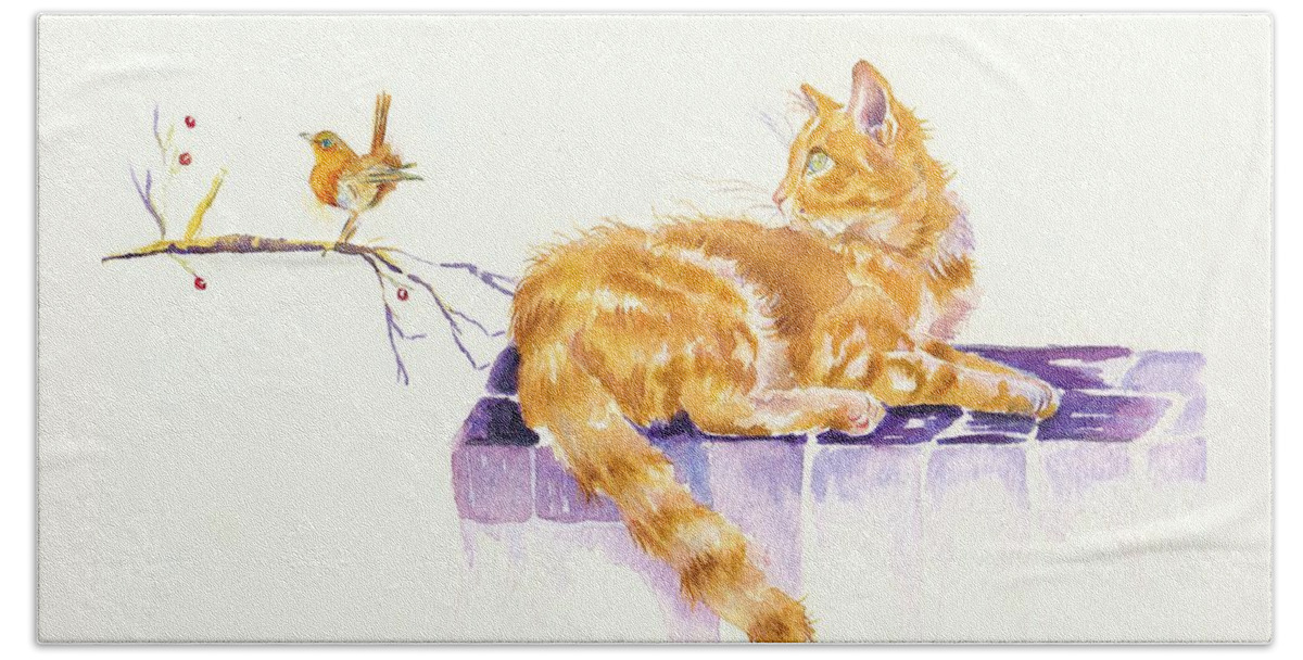 Cat Bath Towel featuring the painting Season's Greetings - Cat and Robin by Debra Hall