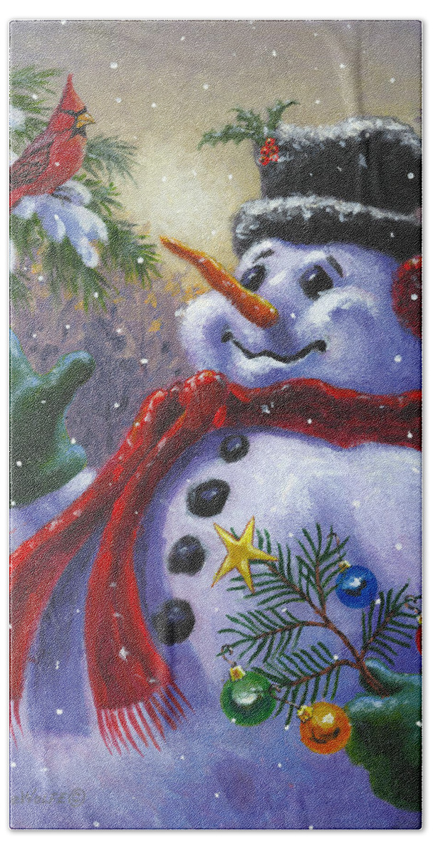 Snowman Bath Towel featuring the painting Seasons Greetings by Richard De Wolfe