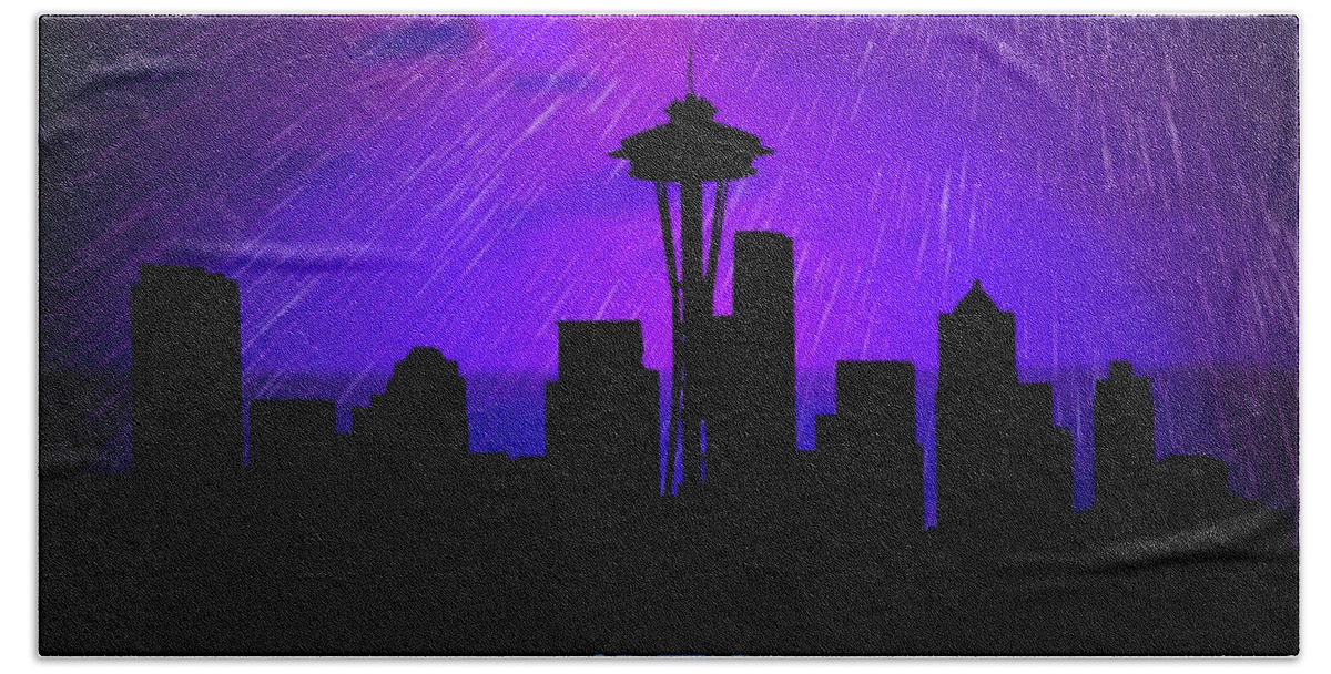 Rainy Seattle Skyline Hand Towel featuring the digital art Seattle Skyline by John Wills
