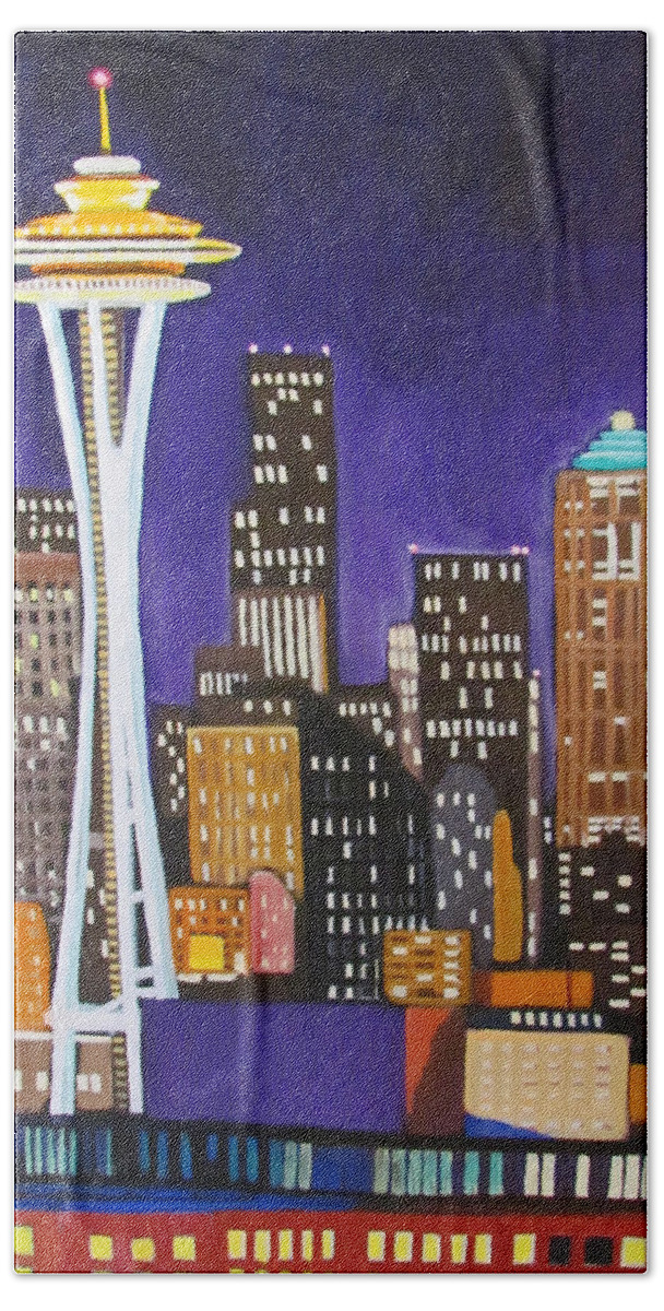 Seattle Hand Towel featuring the painting Seattle Skyline by Kevin Hughes