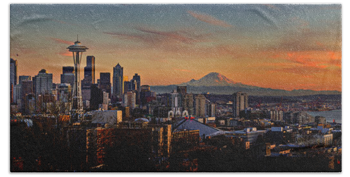 Skyline Bath Towel featuring the photograph Seattle Sunset Panorama by Mary Jo Allen