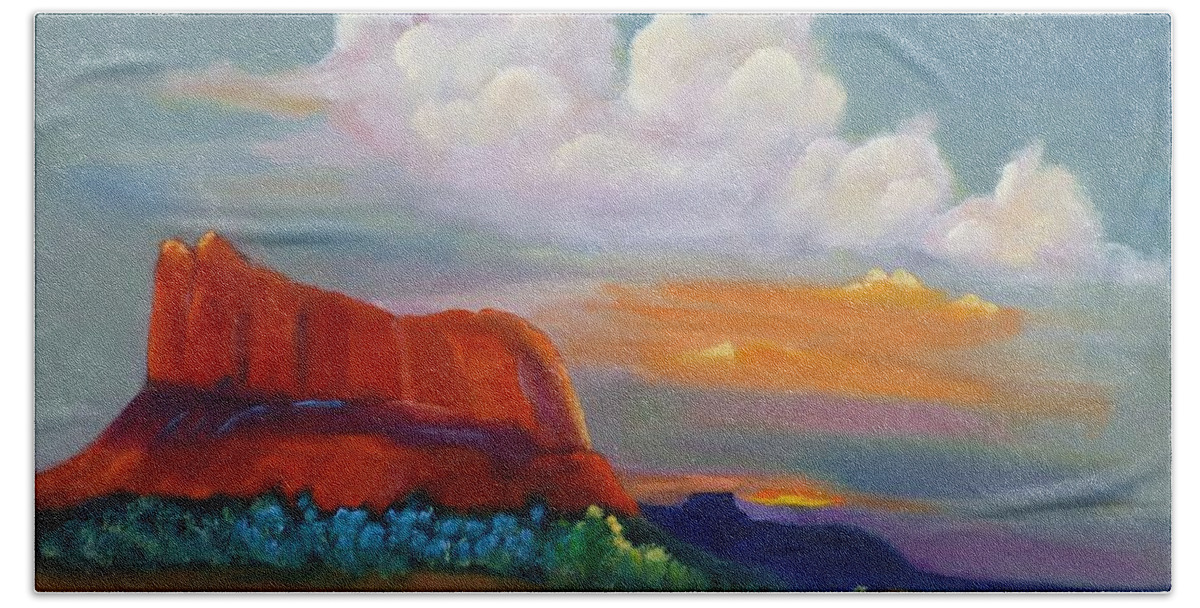 Red Rocks Hand Towel featuring the painting Angels At Sunset by Nataya Crow