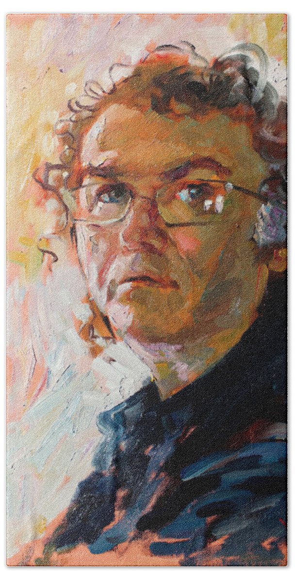 Porttrait Hand Towel featuring the painting Self- Portrait 2010 by Ylli Haruni